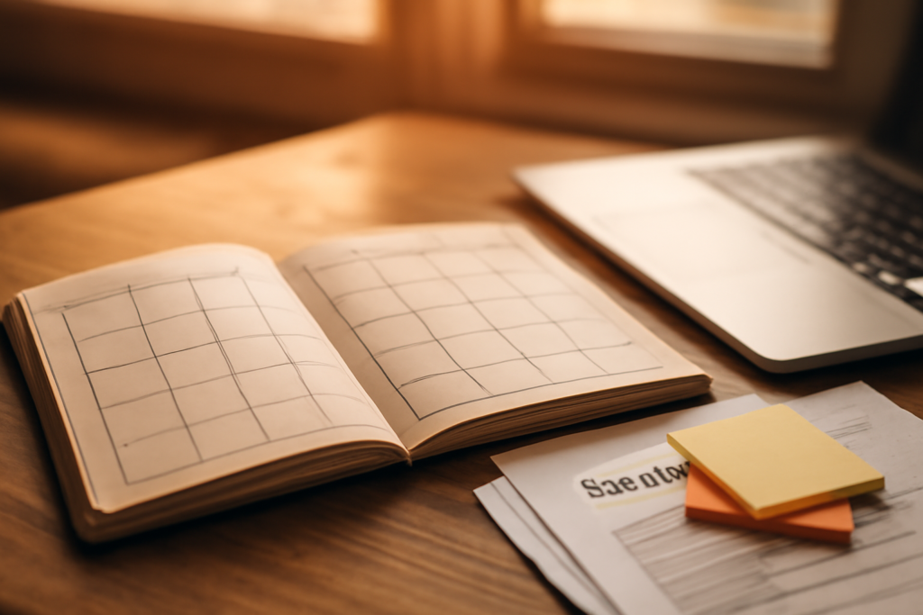 Meja mahasiswa dengan agenda kalender dan tumpukan berkas pendaftaran beasiswa