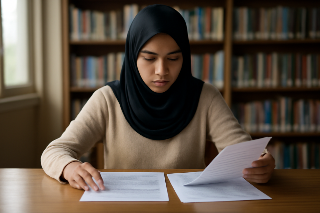 Mahasiswa membandingkan dokumen pendaftaran beasiswa parsial dan penuh di perpustakaan kampus