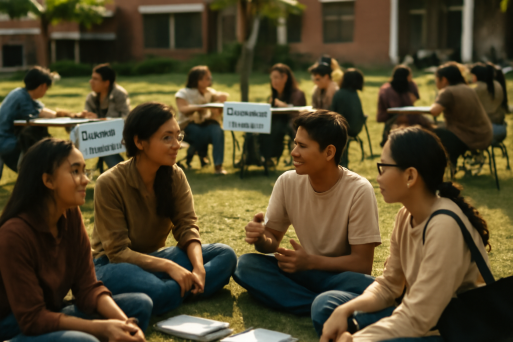 Mahasiswa mengobrol di area rekrutmen organisasi kampus